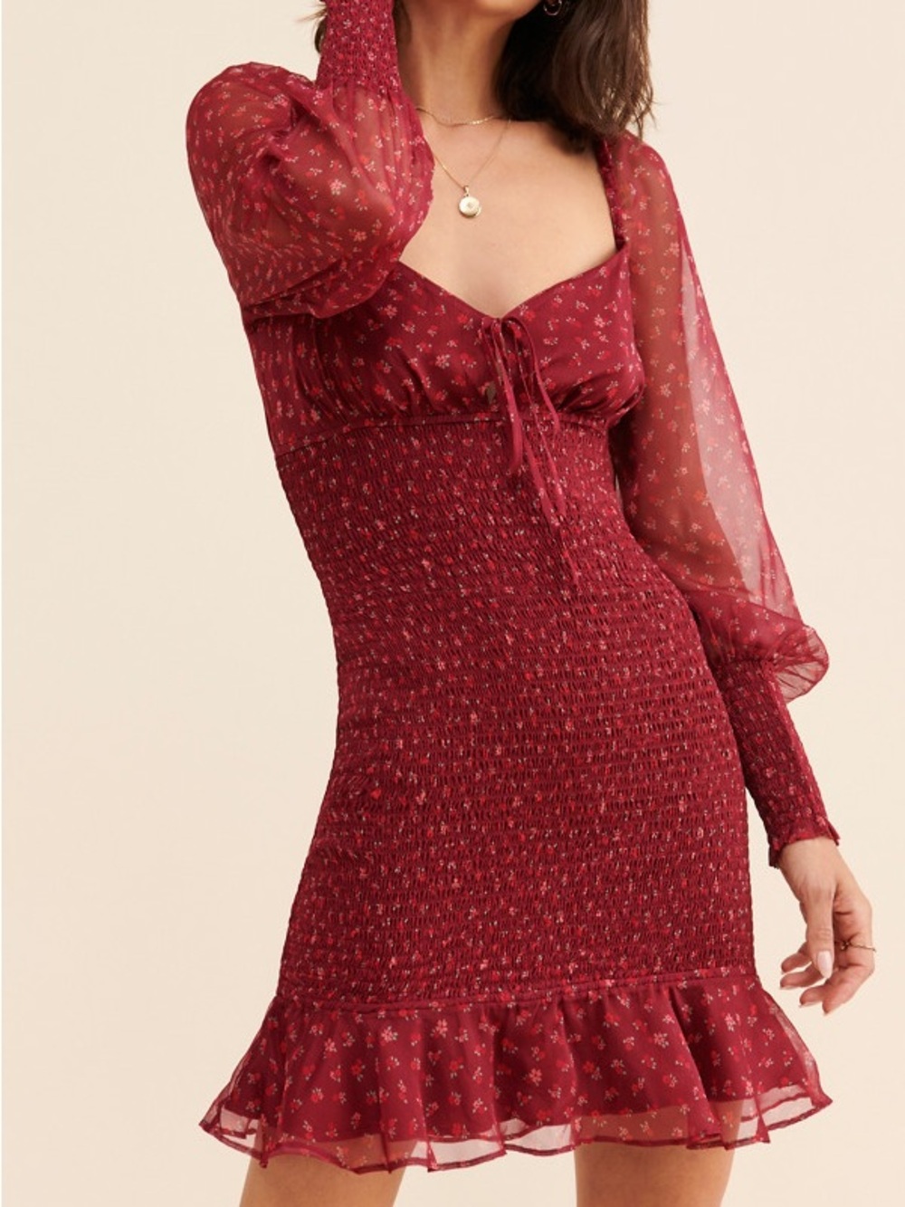 Smocked Wine-Red Mini Dress with Sheer Puff Sleeves